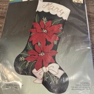 Bucilla MAJESTIC POINSETTIA Jeweled Sequin Stitchery Stocking Kit #82318 New Vtg